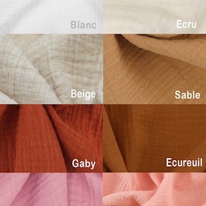 May include: A fabric swatch display showcasing various colors. The top row features white and ecru, the second row beige and sable, the third row gaby and ecureuil, and the bottom row dusty pink and rose clair. Each swatch has a corresponding color name.