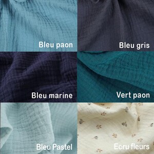 May include: Six fabric swatches in different colors and patterns. The swatches are labeled with the following names: Bleu paon, Bleu gris, Bleu marine, Vert paon, Bleu Pastel, and Ecru fleurs.