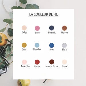 May include: A chart with the French phrase "La Couleur de Fil" at the top, showing 12 different colored circles with the French names for each color written below them.