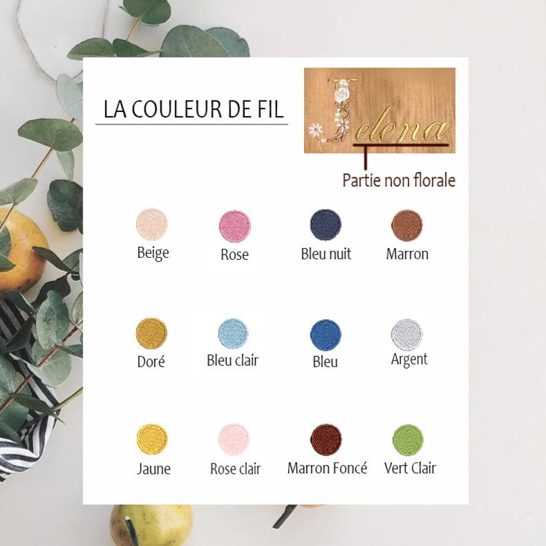 May include: A chart showing thread color options for embroidery. The colors include beige, rose, blue night, brown, gold, light blue, blue, silver, yellow, light pink, dark brown, and light green. The text "LA COULEUR DE FIL" is at the top of the chart. The text "elena" is shown in a floral design on a wooden background. The text "Partie non florale" is below the floral design.
