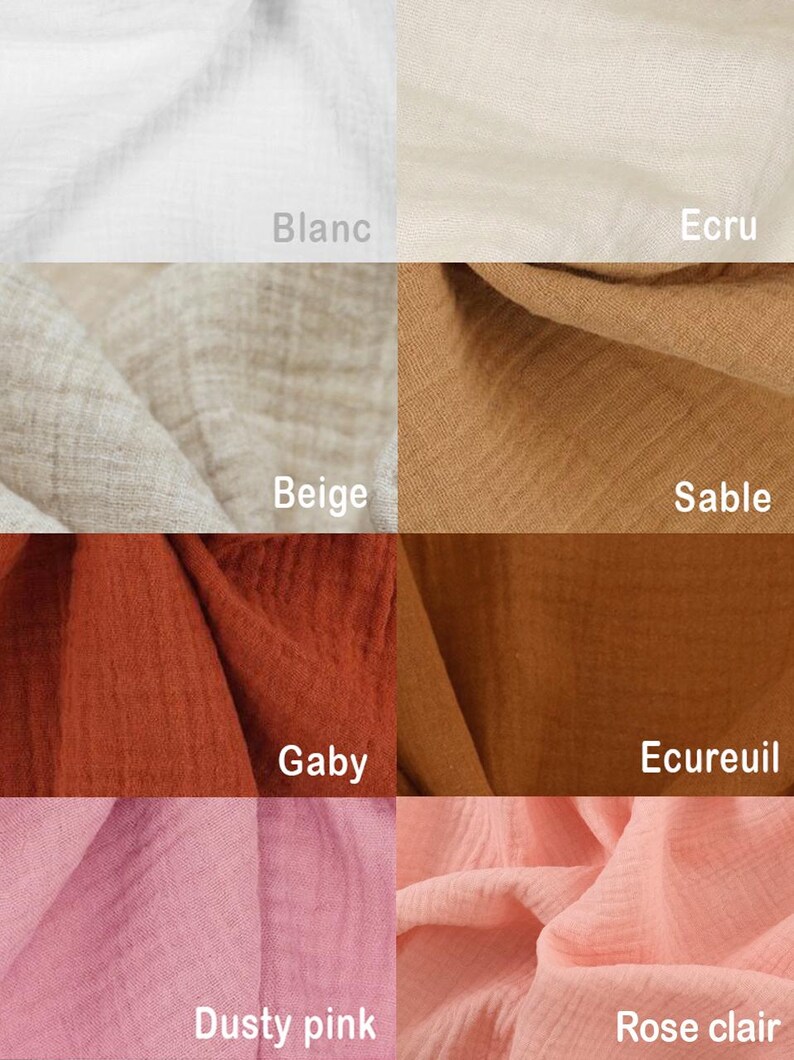 May include: A close-up of ten different fabric swatches in various colors, including white, beige, brown, orange, pink, and red. The swatches are arranged in a grid pattern and labeled with their corresponding color names in French.