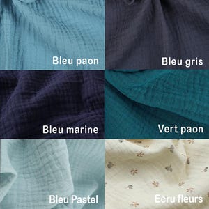 May include: Six fabric swatches in different colors and patterns. The swatches are labeled with the following names: Bleu paon, Bleu gris, Bleu marine, Vert paon, Bleu Pastel, and Ecru fleurs.