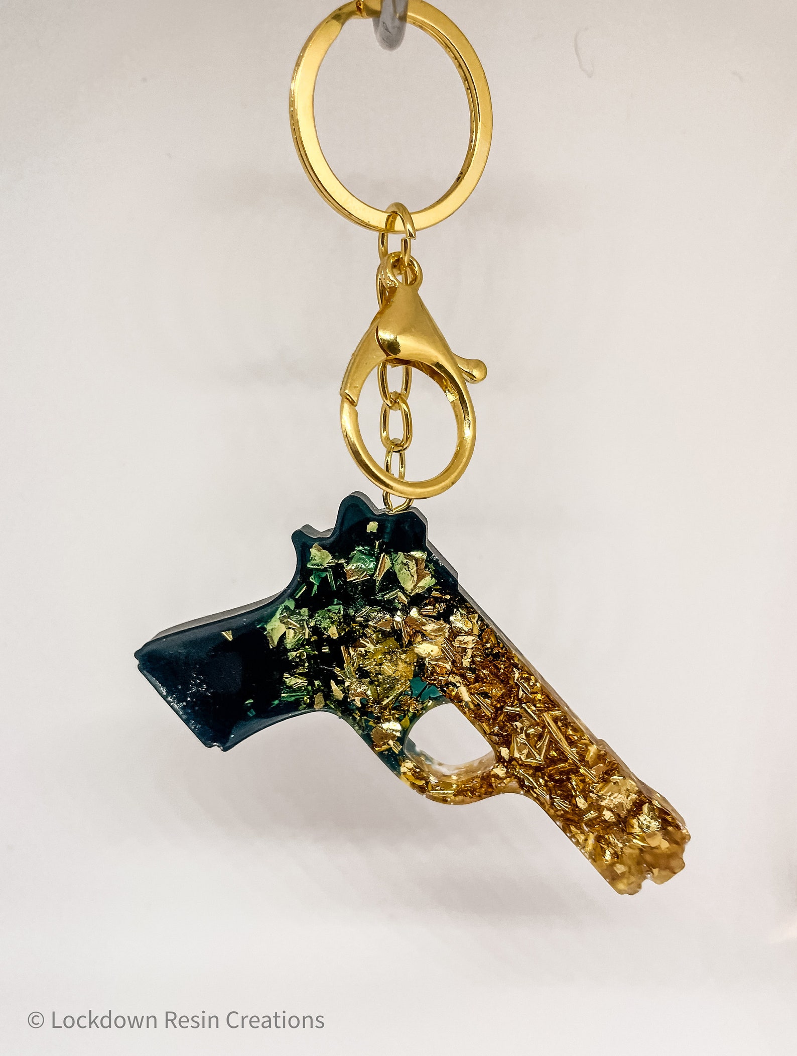 Resin gun pistol keychain keyring / emerald green and gold Etsy