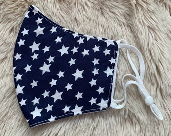 FACE MASK - Stars Pattern 3 Layers of 100% Cotton, Reusable, Washable with Adjustable elastic - Handmade in the UK