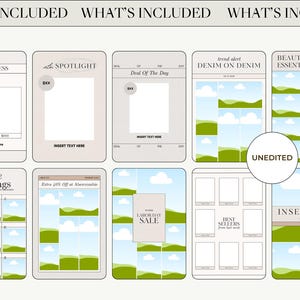 May include: A digital template for social media posts with a variety of layouts featuring a blue sky and green grass background. The text "What's Included" appears at the top of the image. The templates include titles such as "Luxe or Less", "In the Spotlight", "Deal of the Day", "Trend Alert Denim on Denim", "Beauty Routine Essentials", "Nine Things", "Extra 40% Off at Abercrombie", "Labor Day Sale", "Best Sellers", and "Insert Text Here".