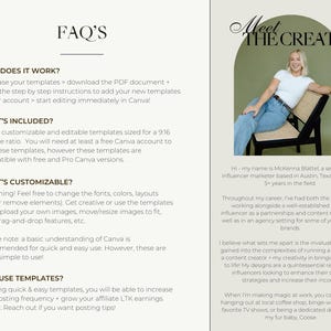May include: A light beige background with a text overlay that reads "FAQ'S" in a brown font. The text below the heading describes how to use templates, what is included, what is customizable, and why to use templates. The right side of the image features a woman sitting on a chair in front of a green background. The text overlay reads "Meet the Creator" in a brown font. The text below the heading describes the woman's background and experience as an influencer marketer.