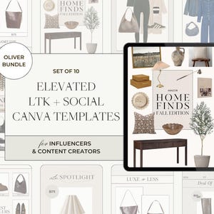 May include: A set of 10 Canva templates for social media and LTK, featuring a variety of lifestyle and home decor items. The templates are designed for influencers and content creators. The text "Elevated LTK + Social Canva Templates for Influencers & Content Creators" is displayed on a light gray background.
