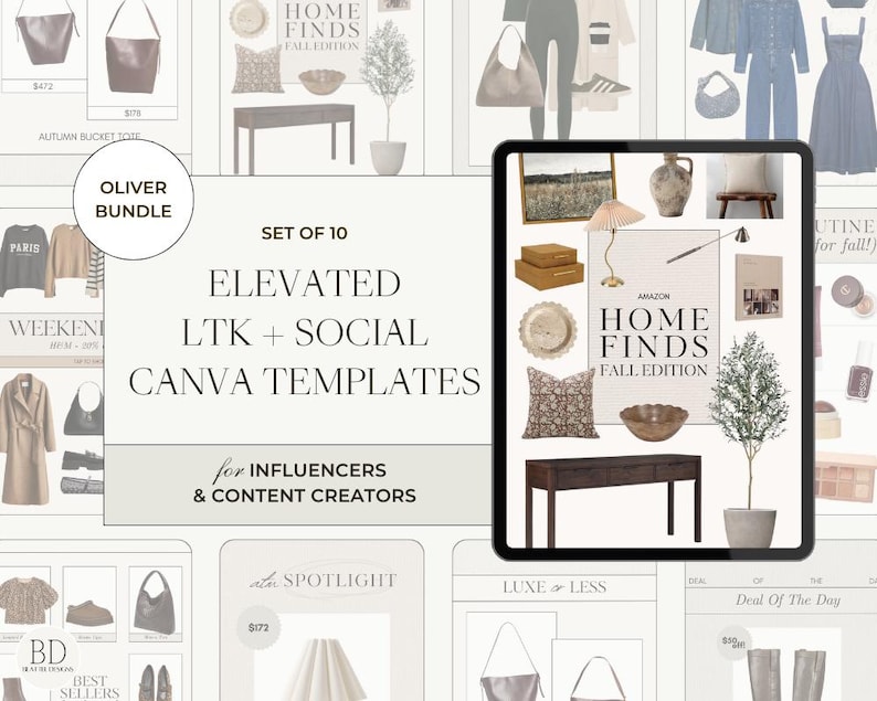 May include: A set of 10 Canva templates for social media and LTK, featuring a variety of lifestyle and home decor items. The templates are designed for influencers and content creators. The text "Elevated LTK + Social Canva Templates for Influencers & Content Creators" is displayed on a light gray background.