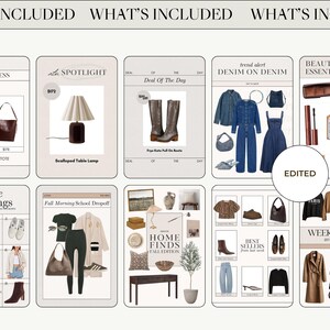 May include: A collage of nine different images showcasing various products and themes. The images include a brown leather tote bag, a table lamp, a pair of brown boots, a denim outfit, beauty products, a fall-themed outfit, a home decor collection, a selection of best sellers, and a weekend sale announcement.