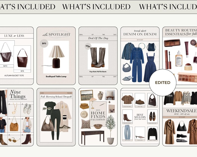 May include: A collage of nine different images showcasing various products and themes. The images include a brown leather tote bag, a table lamp, a pair of brown boots, a denim outfit, beauty products, a fall-themed outfit, a home decor collection, a selection of best sellers, and a weekend sale announcement.