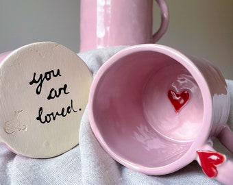 Handmade ceramic love heart mugs/ pink & red/ gift ideas