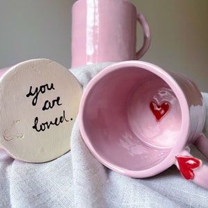 Handmade ceramic love heart mugs/ pink & red/ gift ideas