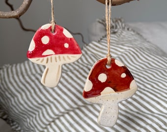 Handmade Ceramic Mushroom Ornament | Red Toadstool Christmas Decoration (Bright or Deep Red)