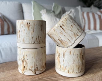 Cafe Latte Drip Glaze Ceramic Tumblers – Set of 4 Handmade Stoneware Cups