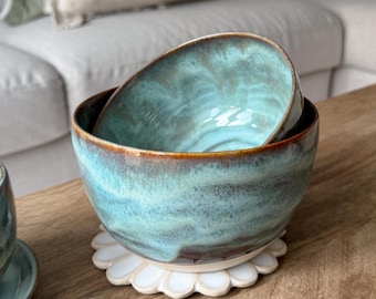 Handmade wheel thrown stoneware bowl in Turquoise Drift
