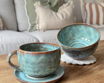 Handmade Cup and Bowl set - stoneware breakfast set in Turquoise Drift