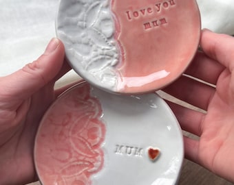Handmade Ceramic Mother's Day Trinket Dish: Lace Embossed Stoneware