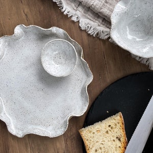 Flecked Serving platter/ ceramic serving plate/ floral edged plate/ speckled plate