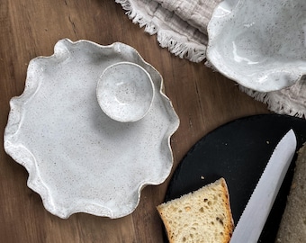 Flecked Serving platter/ ceramic serving plate/ floral edged plate/ speckled plate