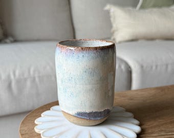 Hand Thrown Speckled dimple cup | Handmade Pottery Coffee tumbler in Tidal wash