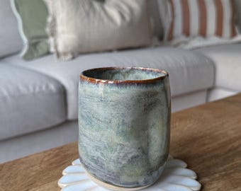 Hand Thrown Speckled dimple cup | Handmade Pottery Coffee tumbler in Burished Sage