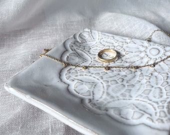 Lace Embossed Ceramic Trinket Dish: Handmade Stoneware Tray