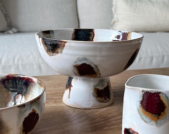 Wheel Thrown Ceramic Fruit Bowl | Cow Print Pedestal Stand, Rustic Farmhouse Kitchen Decor