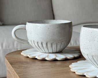 Hand Thrown Speckled Ceramic Mug | Handmade White Glazed Pottery Coffee Cup