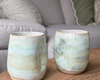 Hand Thrown Speckled dimple cup | Handmade Pottery Coffee tumbler in Coastal Mist