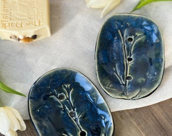Handmade Ceramic Soap Dish: Waterfall Blue Botanic Leaf Design