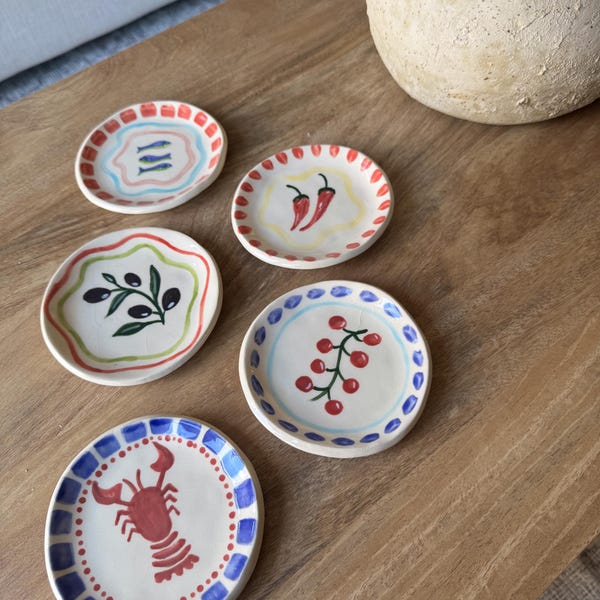 Hand-Painted Ceramic Trinket Dish | Mediterranean Olive, Chilli, Sardine Designs