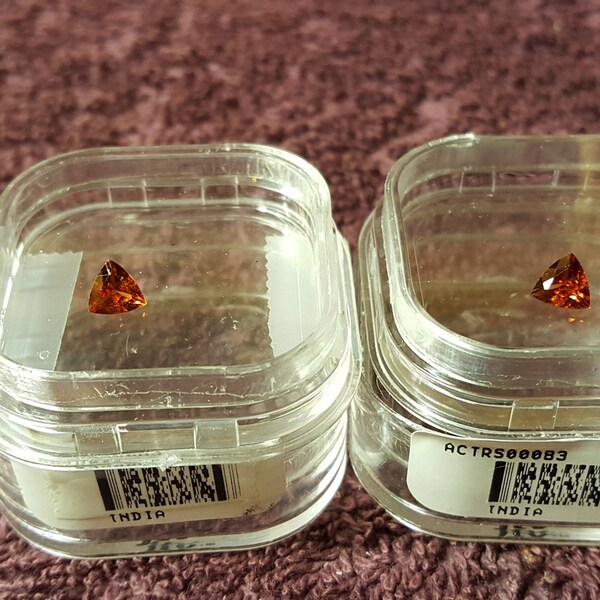 JTV 5mm Trillion Cut Hessonite Garnet x2 VVS Clarity 1.08cwt  (Super Color)