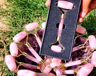 2-100PCS Rose Quartz Facial RolleR, 100% Natural Rose Quartz Jade Roller Massager