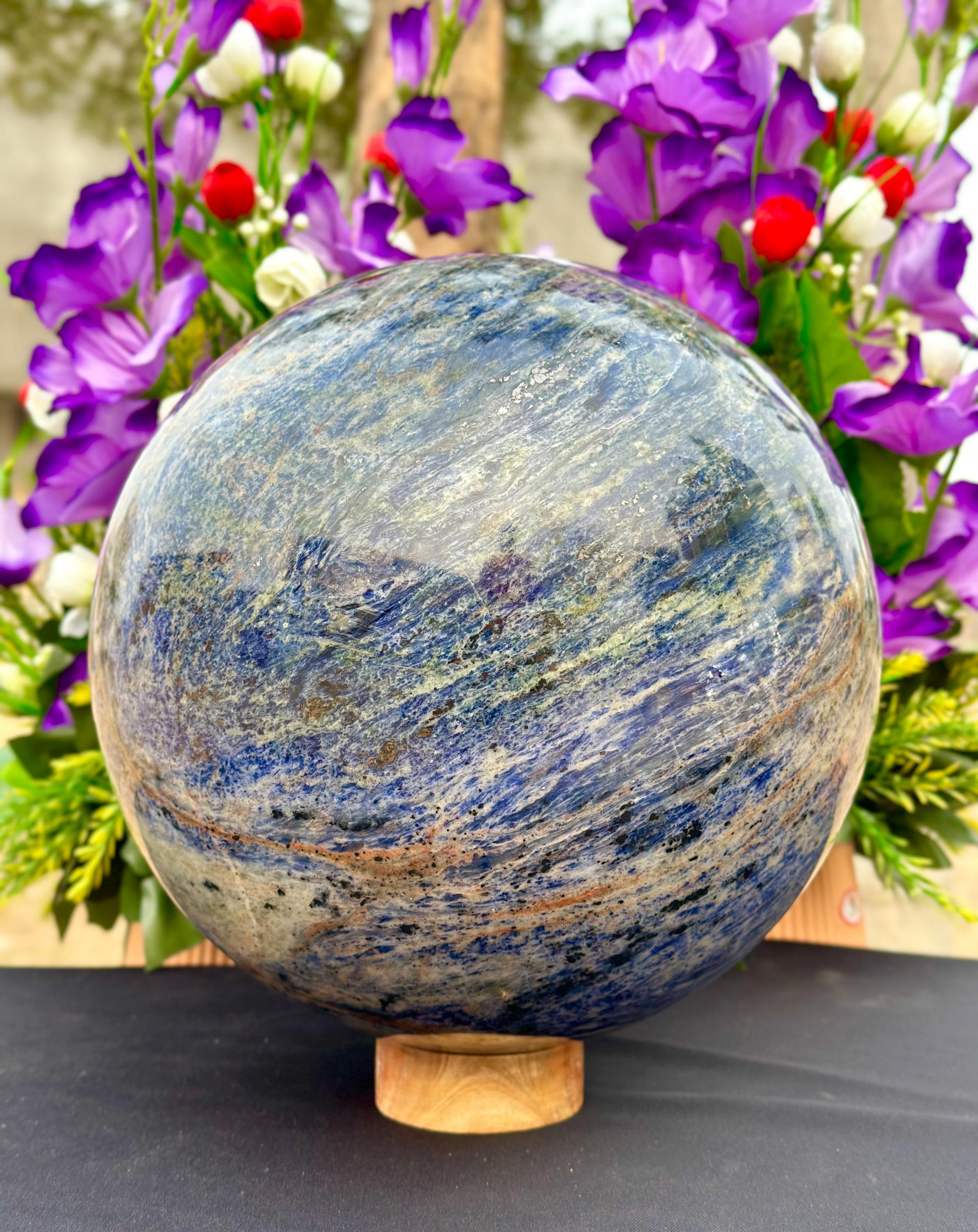 Huge Sodalite Crystal Sphere (254mm): Reiki Healing Stone with Stand