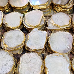 2-100piece BULK White Agate Coaster, Gold ElectroPlating On Sale Tea Coffee Home Decor Table Ware Furnishing Crystal Hostess Gift Slice 4''