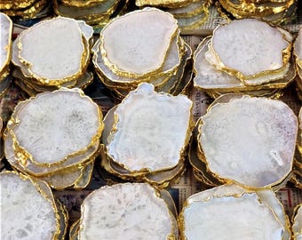 White Agate Coaster with Gold Edge: Boho Chic Table Decor
