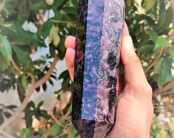 8&quot; Indigo Gabbro Tower,Gabbro tower, crystal point, merlinite crystal, indigo gabbro, merlinite
