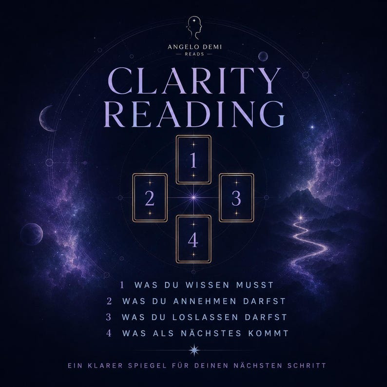 Op de afbeelding: Een digitale afbeelding met de woorden "CLARITY READING" in grote, witte letters. De afbeelding bevat vier genummerde rechthoeken en tekst in het Duits. De achtergrond is een donkerblauw en paars kosmisch ontwerp.