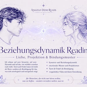 May include: A light purple graphic with two profile portraits facing each other, with the text "Beziehungsdynamik Reading" and other German text. The image includes illustrations of crystals and celestial elements.