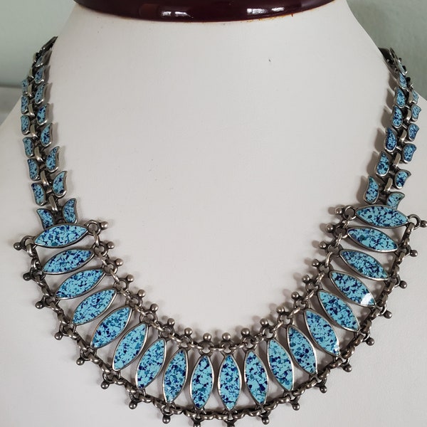 Vintage 1950-60 Mexico Marked Sterling Silver 15" Link Bib Necklace with Blue Turquoise Crushed Stone Inlay - pre-owned