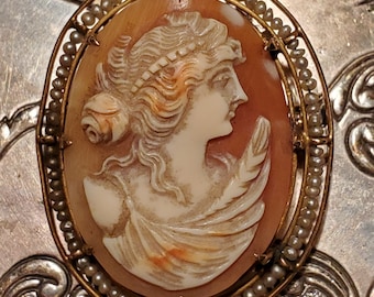 Victorian Carnelian Shell Cameo Brooch Pendant, 10k Gold Seed Pearl Setting