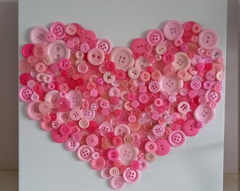 Handmade pink button heart canvas wall art (Mothers Day)