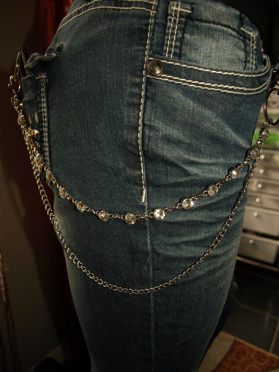 Two Strand Silver Pant Chain With Clear Crystals 