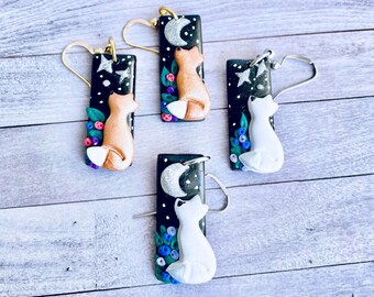 Fox Earrings, Fox Tail and Moon Dangles, Fox and Stars Earrings, Celestial Fox Gift, Weird Earrings, Mismatched Earrings, Handmade Jewelry