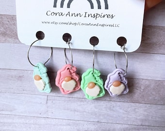 Pastel Garden Gnome Wine Charms, Clay Wine Rings, Handmade Wine glass Accessories, Wine Gifts, Wine Decor, Wine Gnome Gift