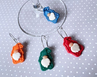 Colorful Garden Gnome Wine Charms, Clay Wine Rings, Handmade Wine glass Accessories, Wine Gifts, Wine Decor, Wine Gnome Gift