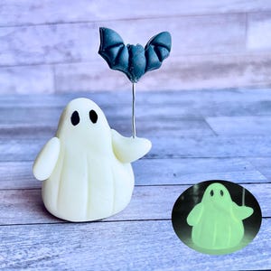 Miniature Ghost Holding Bat, Tiny Glow in the Dark Ghost for Shelf Decor, Halloween Table Decor, Halloween Gift