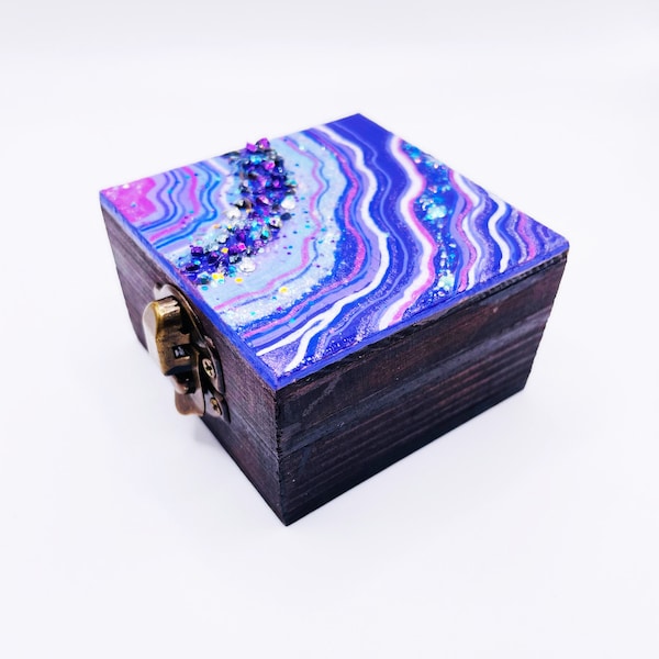 Purple Geode Hand painted Wooden Box, Mini Trinket Box, Wood Jewelry Box, Geode Ring Box, Agate Rock Box, Sparkle Gift Box, Wooden Treasure