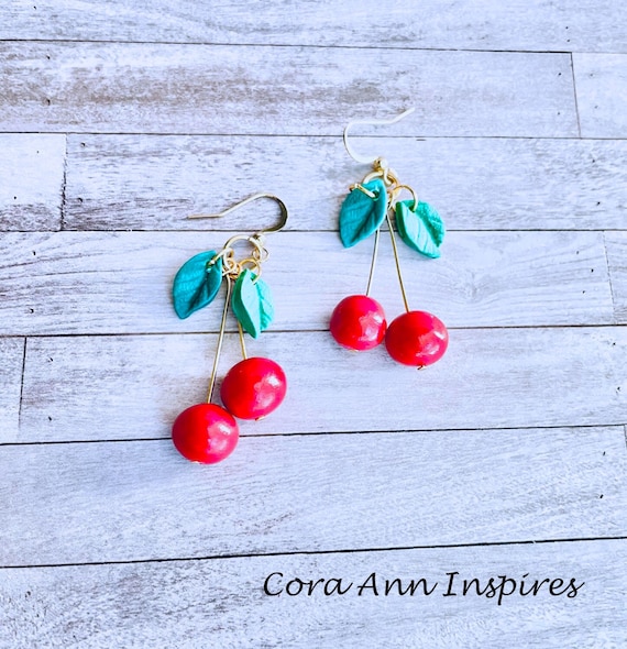 Cherry Dangle Earrings: Quirky Polymer Clay Fruit Jewelry