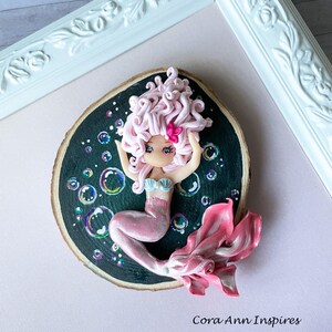 Pink Polymer Clay Mermaid Wood Slice Art: Underwater Decor